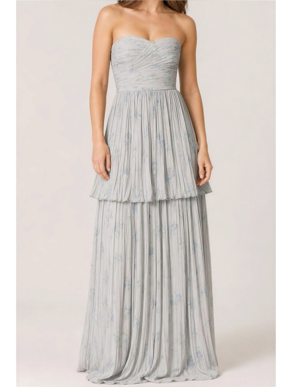 BHLDN Alexa Strapless Tiered Chiffon Maxi Dress, Blue Floral, Medium